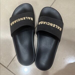 Balenciaga Black and Gold Logo Slides